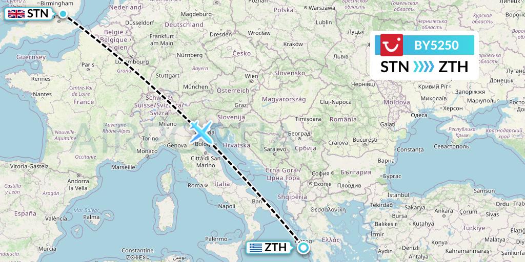 BY5250 TUI Airways Flight Map: London to Zakynthos