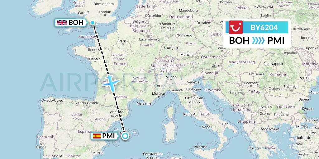 BY6204 TUI Airways Flight Map: Bournemouth to Palma de Mallorca