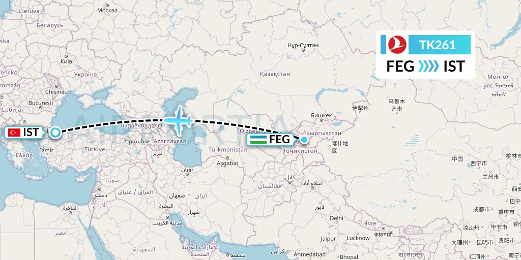 TK261 Turkish Airlines Flight Map: Fergana to Istanbul