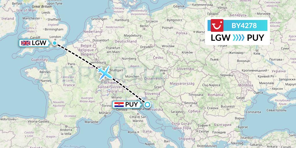 BY4278 TUI Airways Flight Map: London to Pula