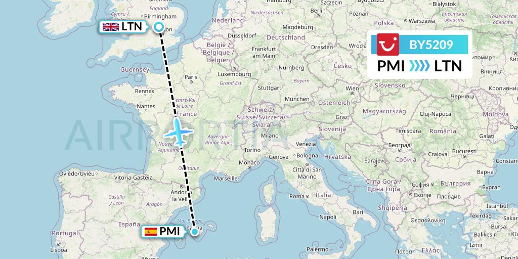 BY5209 TUI Airways Flight Map: Palma de Mallorca to London
