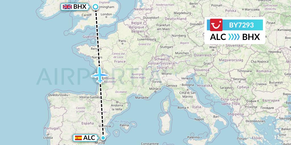 BY7293 TUI Airways Flight Map: Alicante to Birmingham