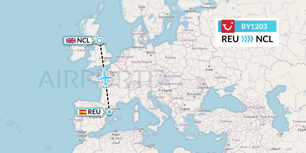 BY1203 TUI Airways Flight Map: Reus to Newcastle