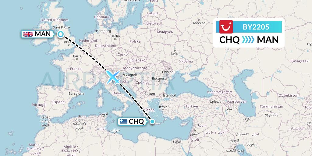 BY2205 TUI Airways Flight Map: Chania to Manchester
