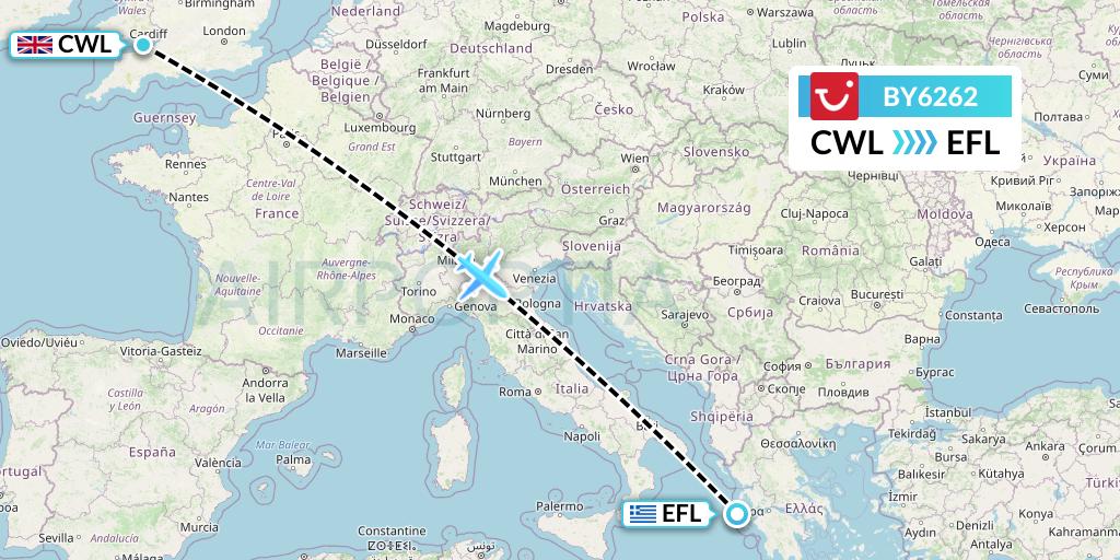 BY6262 TUI Airways Flight Map: Cardiff to Kefalonia