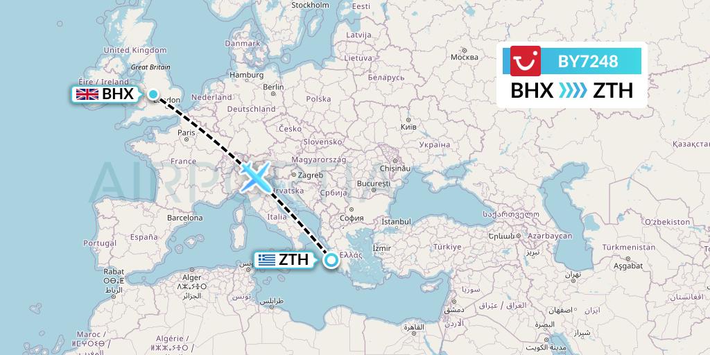 BY7248 TUI Airways Flight Map: Birmingham to Zakynthos
