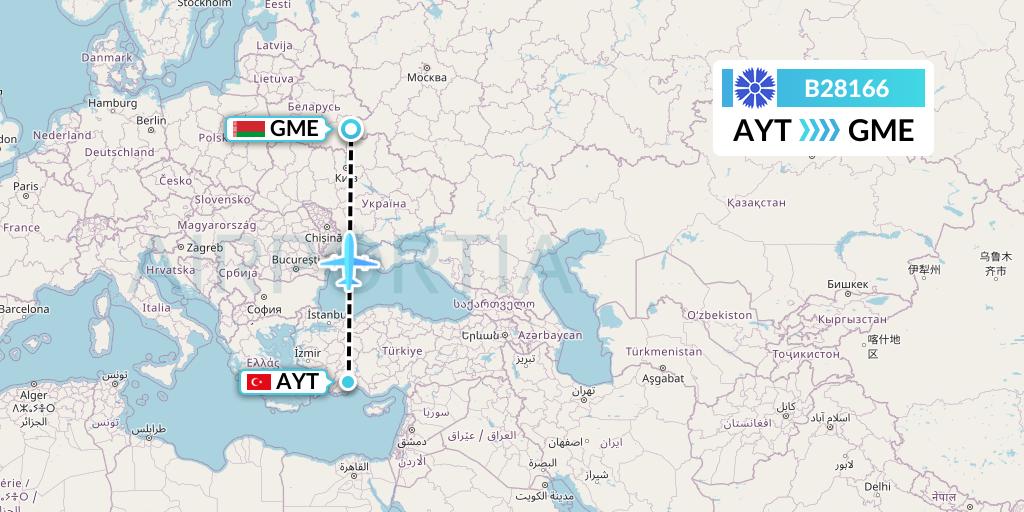 B28166 Belavia Flight Map: Antalya to Gomel