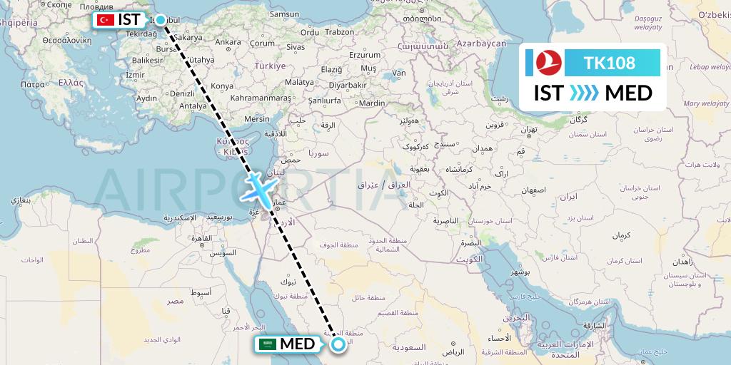 TK108 Turkish Airlines Flight Map: Istanbul to Medina