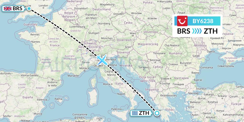 BY6238 TUI Airways Flight Map: Bristol to Zakynthos