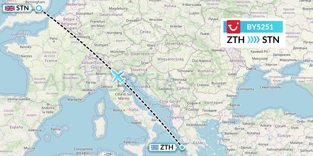 BY5251 TUI Airways Flight Map: Zakynthos to London