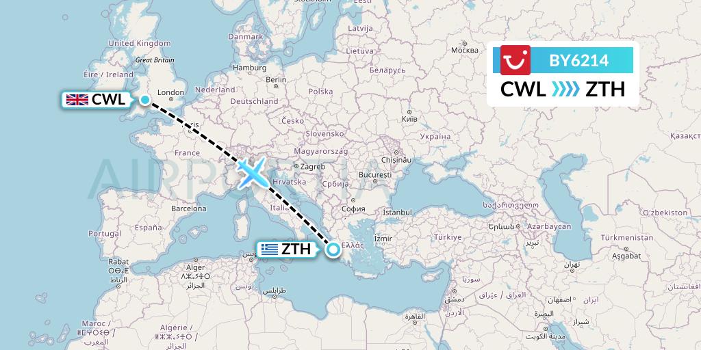 BY6214 TUI Airways Flight Map: Cardiff to Zakynthos