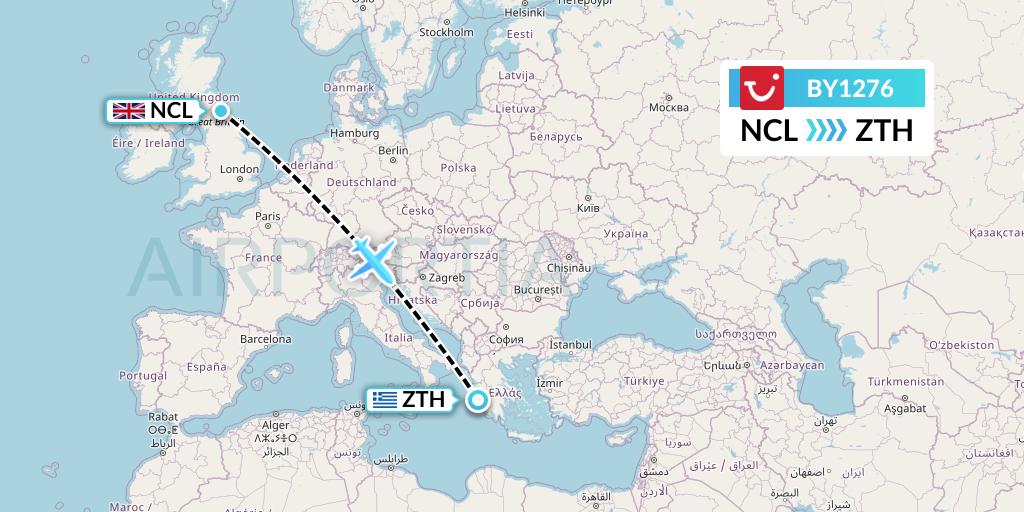 BY1276 TUI Airways Flight Map: Newcastle to Zakynthos