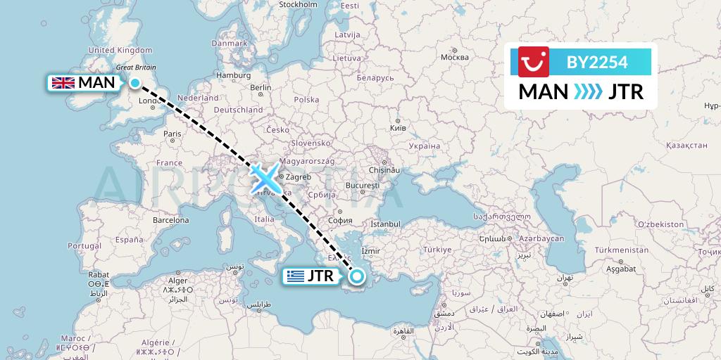 BY2254 TUI Airways Flight Map: Manchester to Santorini