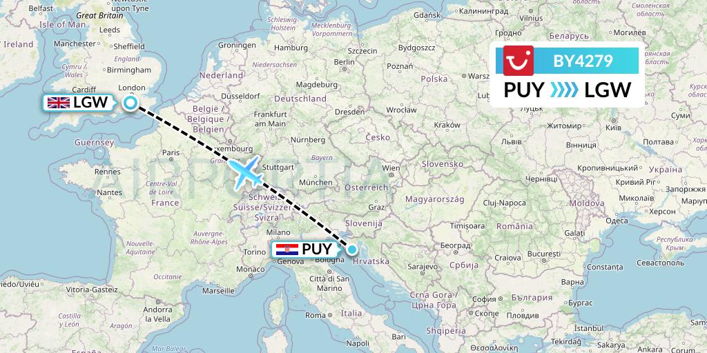 BY4279 TUI Airways Flight Map: Pula to London