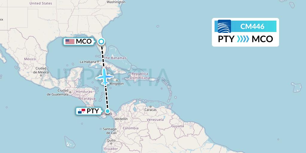 CM446 Copa Airlines Flight Map: Panama City to Orlando