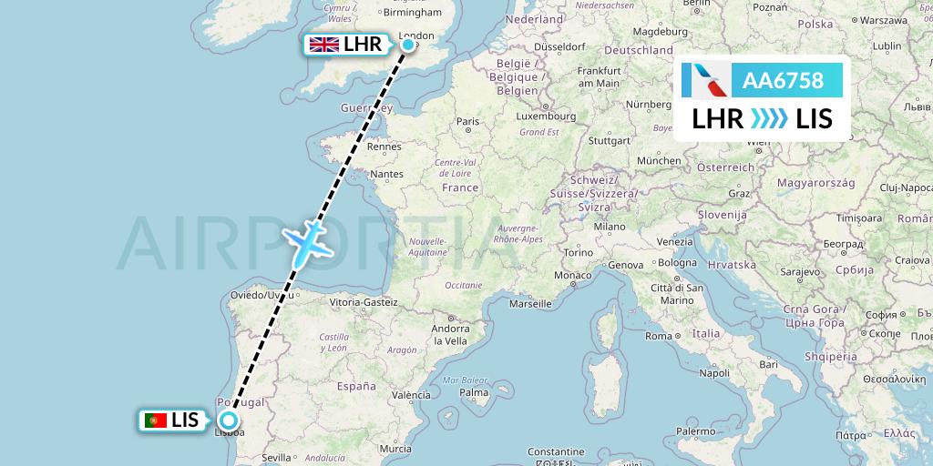 AA6758 American Airlines Flight Map: London to Lisbon
