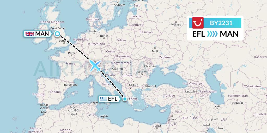 BY2231 TUI Airways Flight Map: Kefalonia to Manchester