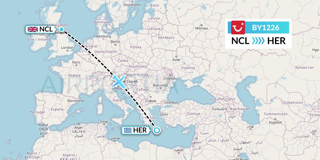 BY1226 TUI Airways Flight Map: Newcastle to Heraklion