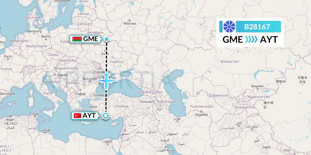 B28167 Belavia Flight Map: Gomel to Antalya