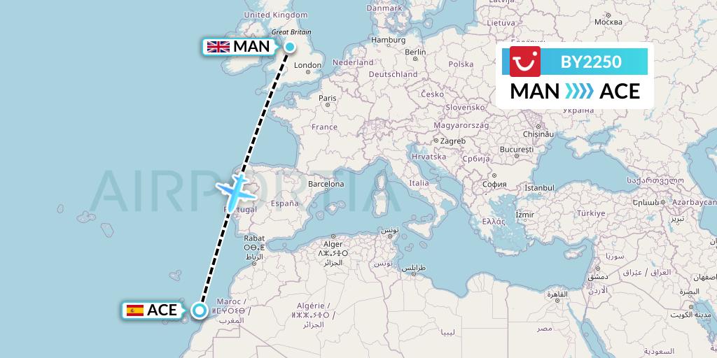 BY2250 TUI Airways Flight Map: Manchester to Lanzarote