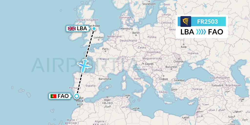 FR2503 Ryanair Flight Map: Leeds to Faro