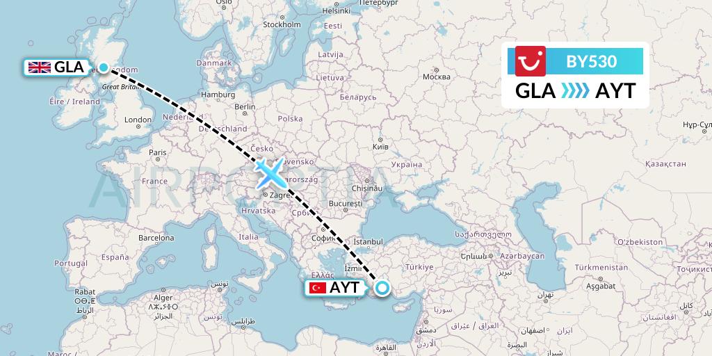 BY530 TUI Airways Flight Map: Glasgow to Antalya