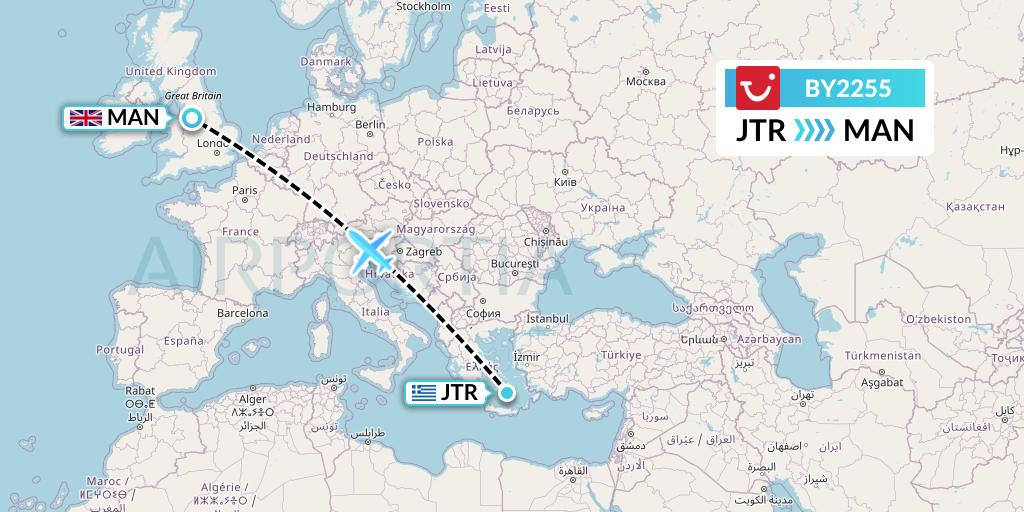 BY2255 TUI Airways Flight Map: Santorini to Manchester