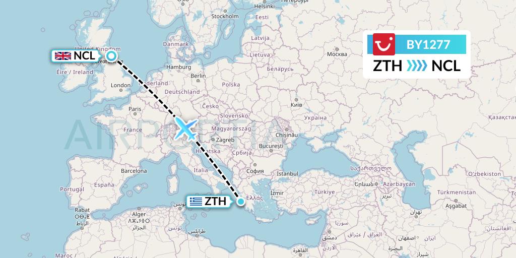 BY1277 TUI Airways Flight Map: Zakynthos to Newcastle