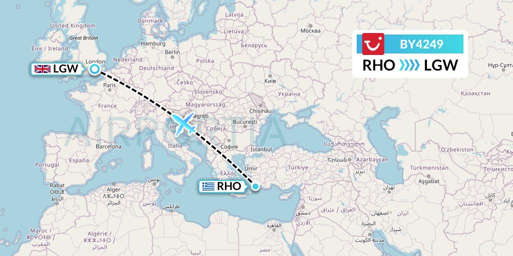 BY4249 TUI Airways Flight Map: Rhodes to London