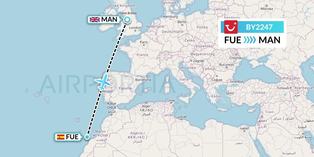 BY2247 TUI Airways Flight Map: Fuerteventura to Manchester