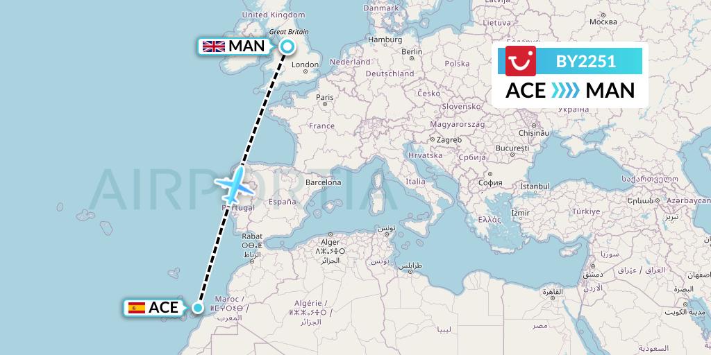BY2251 TUI Airways Flight Map: Lanzarote to Manchester