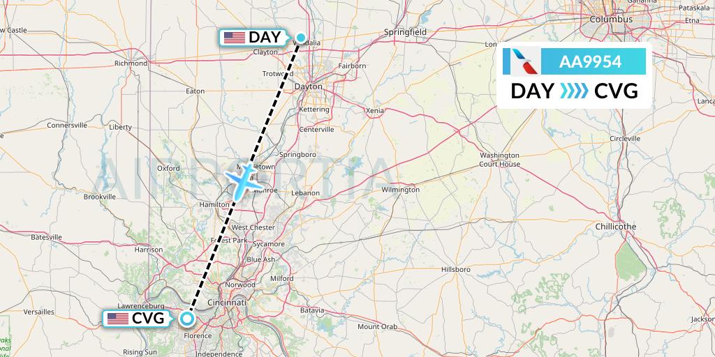 AA9954 American Airlines Flight Map: Dayton to Cincinnati