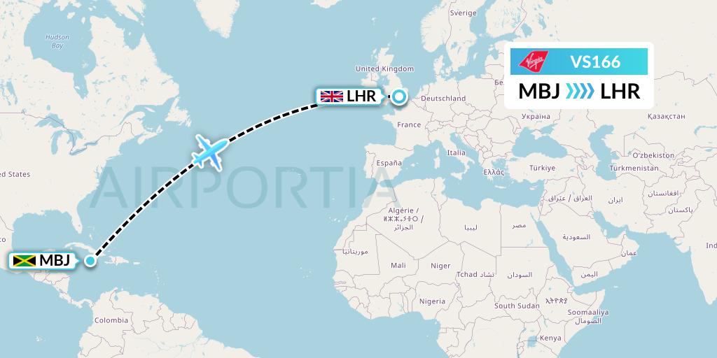 VS166 Virgin Atlantic Airways Flight Map: Montego Bay to London