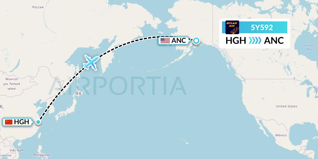 5Y592 Atlas Air Flight Map: Hangzhou to Anchorage