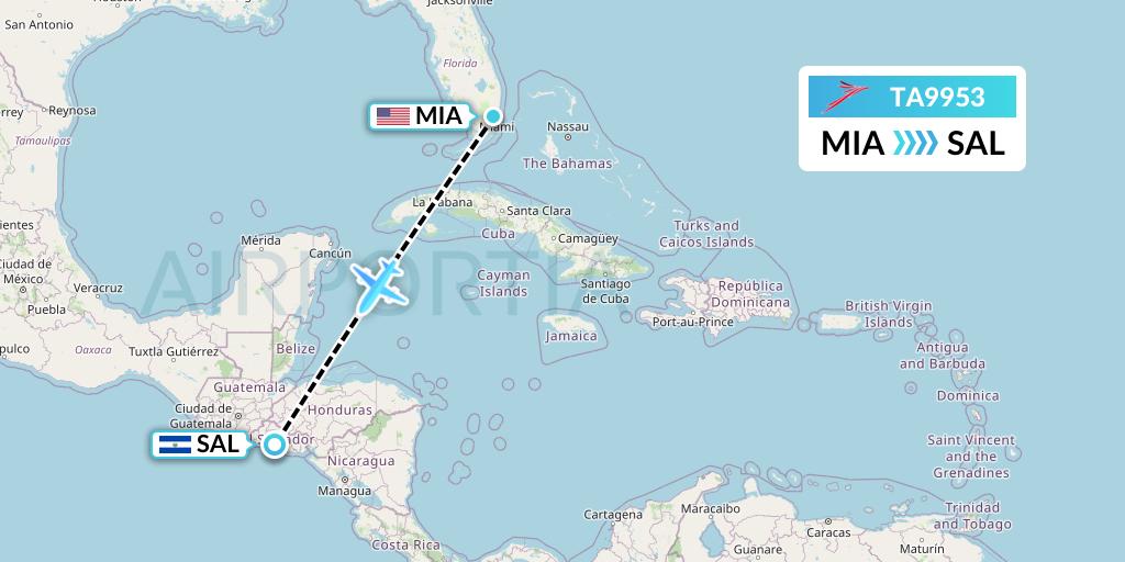 TA9953 TACA Airlines Flight Map: Miami to San Salvador