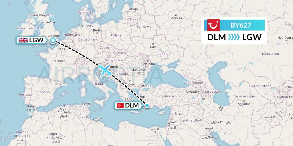 BY627 TUI Airways Flight Map: Dalaman to London