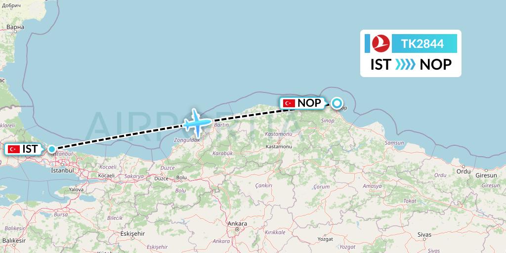 TK2844 Turkish Airlines Flight Map: Istanbul to Sinop