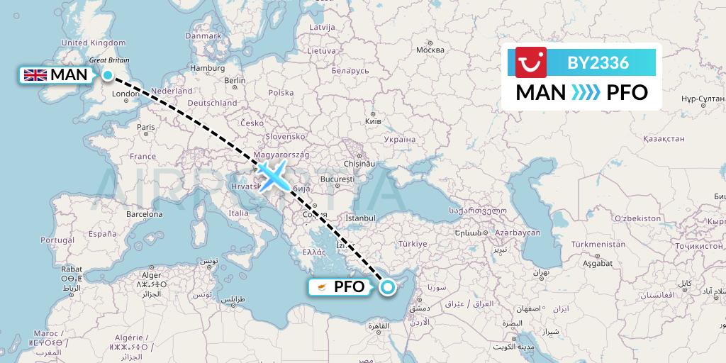 BY2336 TUI Airways Flight Map: Manchester to Pafos