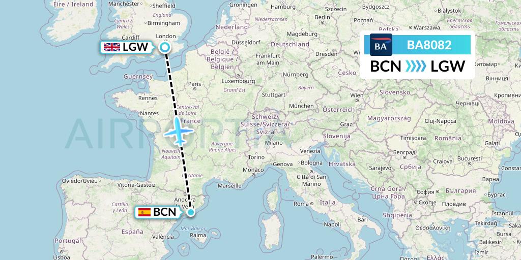 BA8082 British Airways Flight Map: Barcelona to London