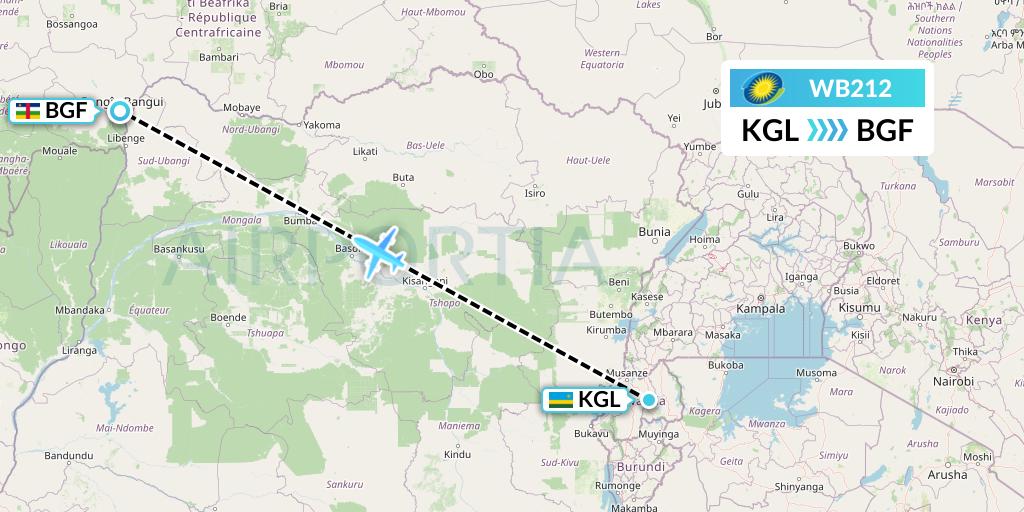 WB212 RwandAir Flight Map: Kigali to Bangui
