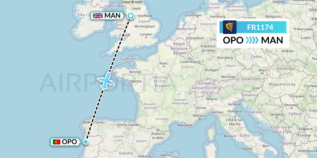 FR1174 Ryanair Flight Map: Porto to Manchester