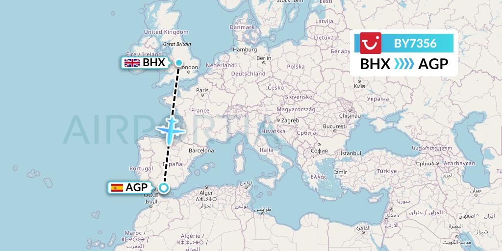 BY7356 TUI Airways Flight Map: Birmingham to Malaga