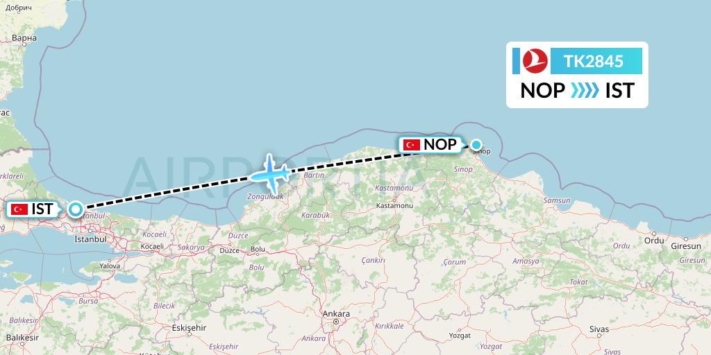 TK2845 Turkish Airlines Flight Map: Sinop to Istanbul