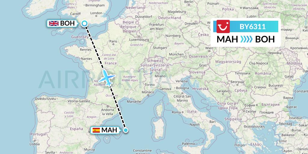 BY6311 TUI Airways Flight Map: Mahon to Bournemouth