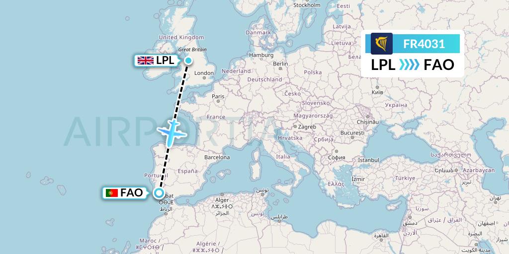 FR4031 Ryanair Flight Map: Liverpool to Faro