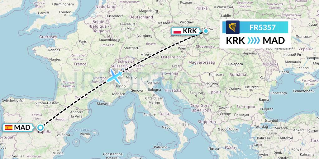 FR5357 Ryanair Flight Map: Krakow to Madrid