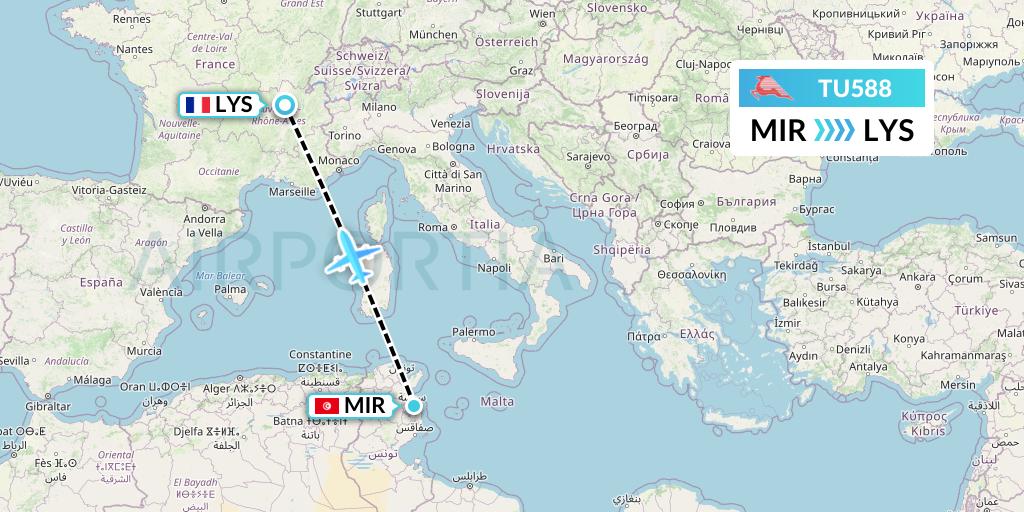 TU588 Tunisair Flight Map: Monastir to Lyon