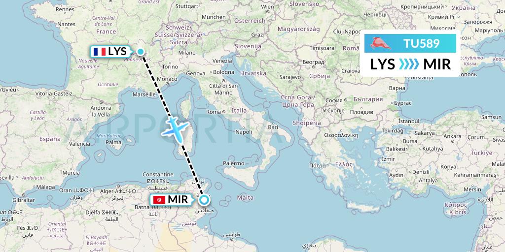 TU589 Tunisair Flight Map: Lyon to Monastir