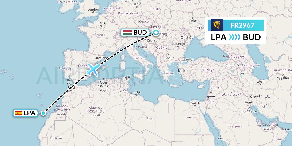 FR2967 Ryanair Flight Map: Las Palmas to Budapest