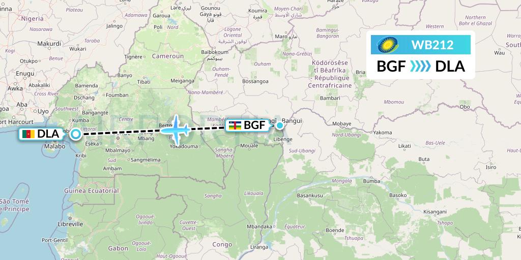 WB212 RwandAir Flight Map: Bangui to Douala